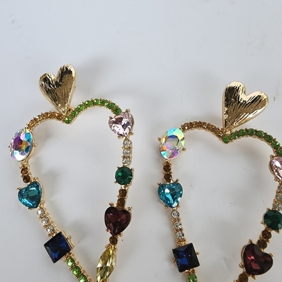 NEW Multi Stone Embellished Open Heart Dangle Earrings Evening - Picture 4 of 6